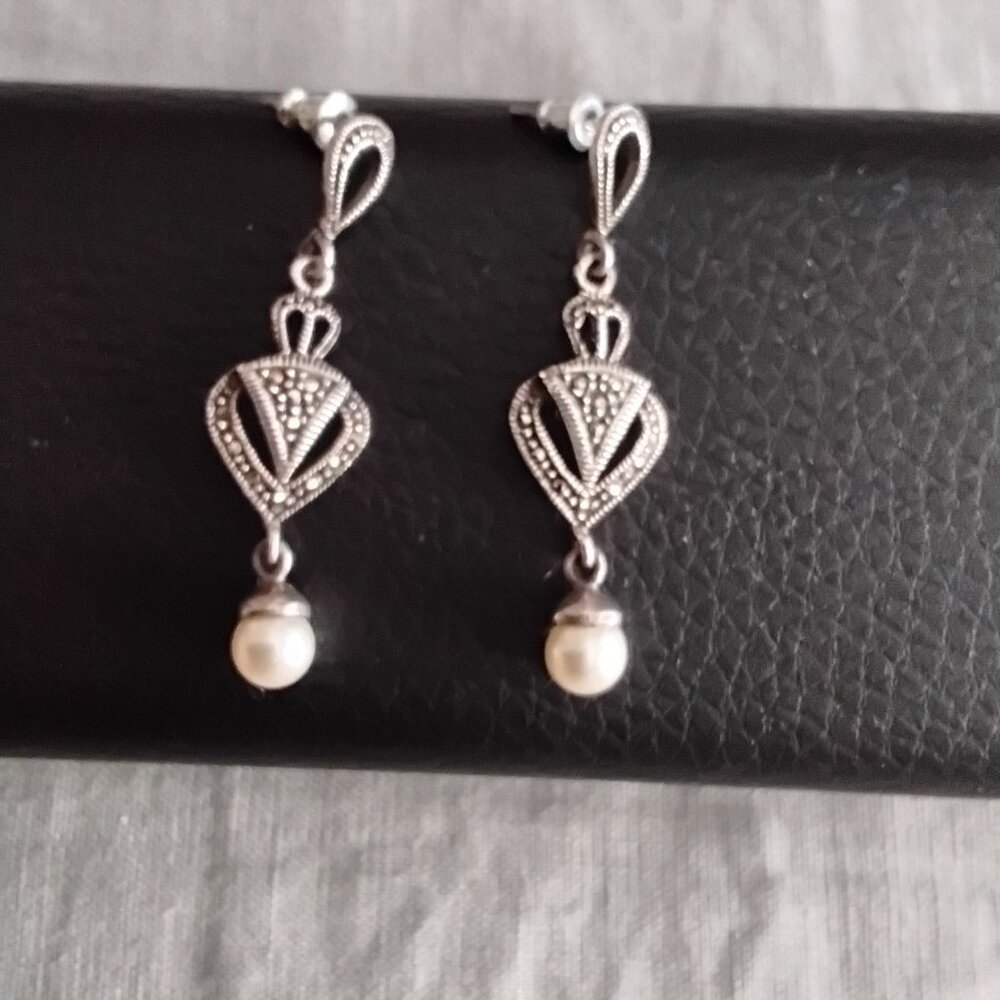 Faux Pearl and Marcasite Earrings